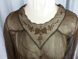 Antique 1920s Brown Sheer Chiffon Embroidery Blouse w/Waist tie - Bust 38/ S - M 2