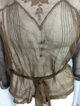 Antique 1920s Brown Sheer Chiffon Embroidery Blouse w/Waist tie - Bust 38/ S - M 5