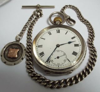 Handsome Large Antique 1919 Sterling Silver Pocket Watch & Albert Chain