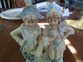 Antique Porcelain Bisque Victorian Pair Figurine 10 " Tall & 6.  5 " Wide Dresden??