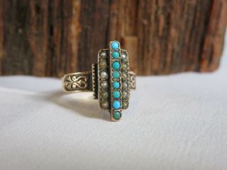 Antique Victorian 15k Gold Turquoise Seed Pearl Ring Size 6 1/2 3 Grams