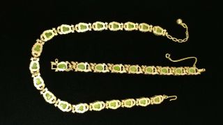 VINTAGE CROWN TRIFARI SIGNED Green Glass Pear Fruit Link Bracelet Necklace SET 8