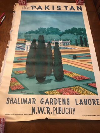 Vintage Poster Pakistan Nwr 1956 Shalimar Gardens Lahore Mustafa Ghaori