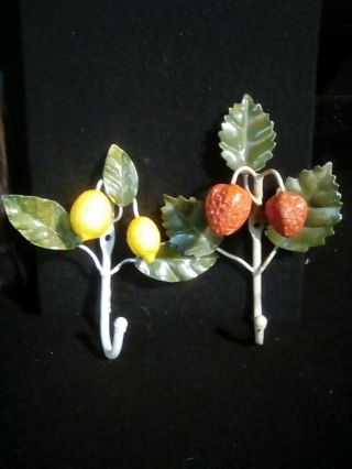 Vintage Italian Tole Metal Hand Painted Lemon Tree & Strawberry 8” Hooks Pair