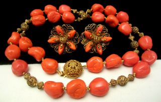 Vintage Signed Miriam Haskell Coral Glass Bead 24 " Necklace & 1 " Earring Set A7