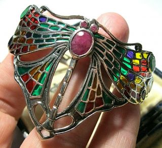Vintage Art Nouveau Deco Style 800 Solid Silver Dragonfly Cuff Bangle Bracelet