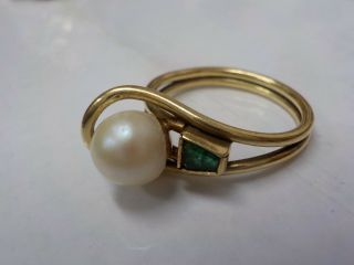 18k Handmade One Of A Kind Art Nouveau Pearl Ring W/ Fancy Cut Emerald