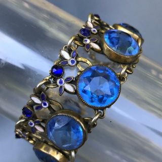 Vtg Art Deco Czech Hungarian Sapphire Glass Silver Tone Enamel Bracelet Bangle