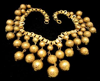 Rare Vintage 16 " X2 " Miriam Haskell Brass Bookchain Filigree Ball Dangle Necklace
