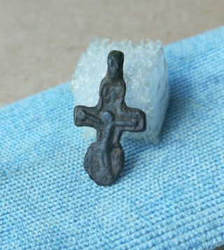 Ancient Viking Bronze Little Cross With Jesus Kyiv Rus 11 - 13 Ad Rare