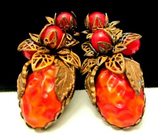 Rare Vintage 1 - 1/2 " Signed Miriam Haskell Goldtone Red Glass Strawberry Earrings