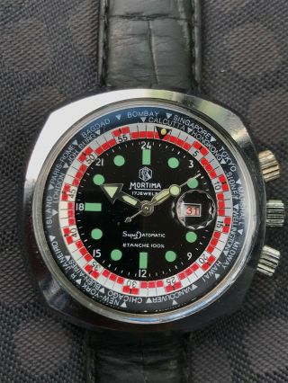 Vintage 70s Mortima Superdatomatic 17 Jewels With Tachymeter And Worldtime Bezel