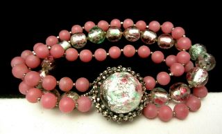Rare Vintage Signed Miriam Haskell 7 - 1/2 " X1 " Pink Art Glass Bead Bracelet A11