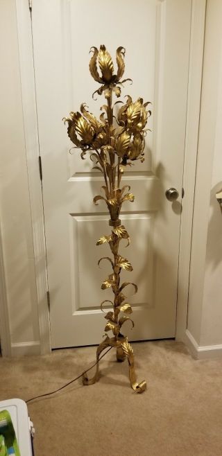 Vintage Hollywood Regency Italian 5 Light Gold Flower Floor Lamp