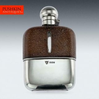 Antique 20thc Edwardian Solid Silver & Leather Glass Hip Flask C.  1909