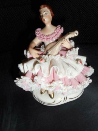 Antique Figurine Porcelain Lace Woman Playing A Lute Instrument Dresden??