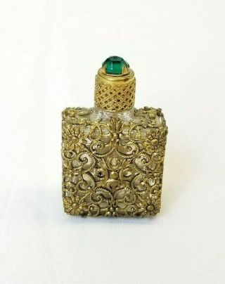 Antique Gold Filigree Perfume Bottle Emerald Style Stone Glass Dauber