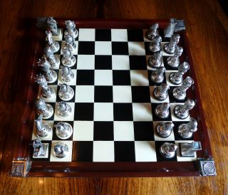 Fine Vintage Spanish Hallmarked Silver Chess Set Conquistadors V Aztecs,  Board