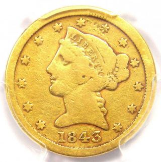 1843 - C Liberty Gold Half Eagle $5 - Pcgs Vg Details - Rare Charlotte Gold Coin
