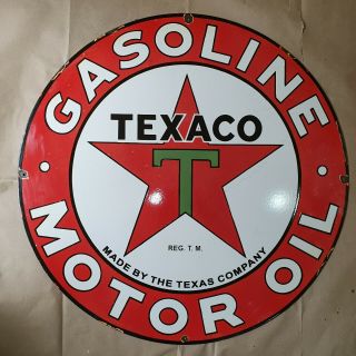 Texaco Gasoline Motor Oil Vintage Porcelain Sign 30 Inches Round