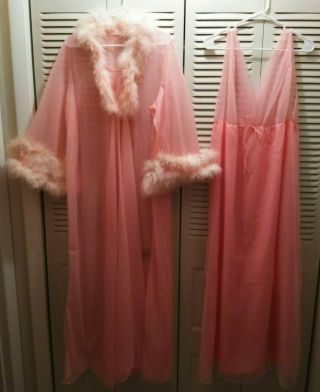 Vtg Dressing Gown - Peignoir - Negligee - Feathers 2pc Set Sears & Roebuck Size 42 - 44