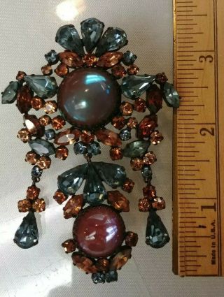 Vintage Large 3.  5 " Rhinestone Brooch Blue Amber With Cabochon