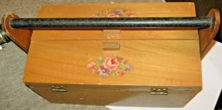 Vintage Wooden Sewing Box Notions Thread Storage 2 Hinged Lids & Carrying Handle