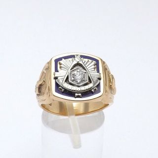 Vintage 14k Gold Msonic Freemason President Diamond Mens Ring Sz 8.  5 14.  3gr