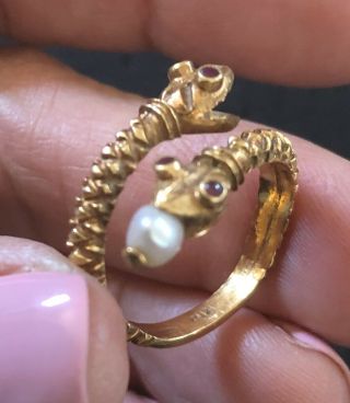 Estate Ruby Pearl 18k Yellow Gold Snake Ring 5.  8 Grams Antique