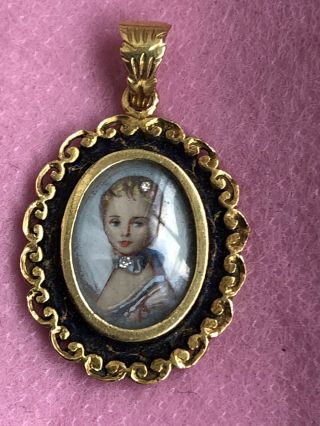 Antique Hallmark 750 18k Gold Painted Lady Portrait Diamonds Gold Pendant