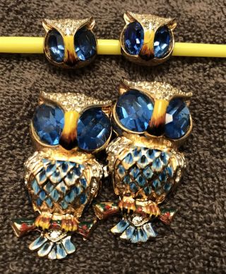 Coro Craft Enamel Blue Rhinestone Eyes Owls Duette Brooch & Matching Earrings