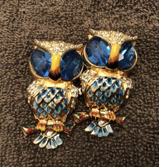 Coro Craft Enamel Blue Rhinestone Eyes Owls Duette Brooch & Matching Earrings 2