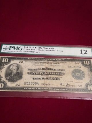 " Rare " 1918 Ten Dollars $10 Federal Reserve Banknote (york) Pmg Fine 12