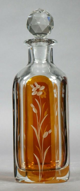 Vintage Cut To Clear Decanter With Floral Engraved Design & Stopper