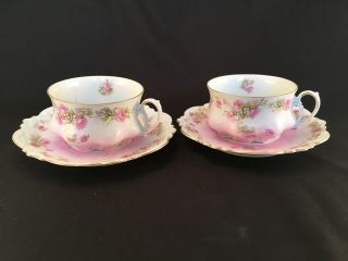 Antique Mz Austria Floral Gilt Tea Cups And Scalloped Saucers