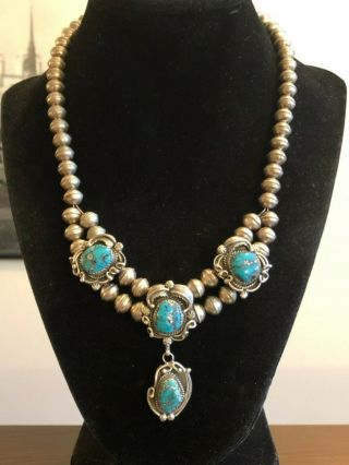 Native Am Southwest Sterling Silver Turquoise Squash Blossom Bench Bead Necklace
