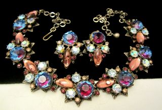 Rare Vintage Signed Florenza 16 " Jeweled Necklace 1 - 1/4 " Clip Earring Set A11