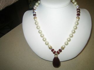 VINTAGE ESTATE CHANEL FRANCE PEARL & LARGE RUBY GRIPOIX GLASS BEAD NECKLACE 3