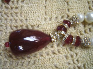 VINTAGE ESTATE CHANEL FRANCE PEARL & LARGE RUBY GRIPOIX GLASS BEAD NECKLACE 6