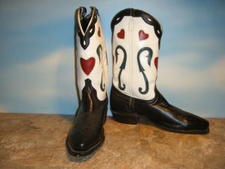 Vintage Ladies Black White Red Hearts Acme Leather Cowboy Boots Size 7.  5m