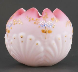 Vintage Pink Art Glass Enameled Bowl Vase With Floral Design