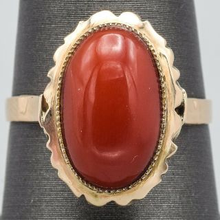Vintage 18k Yellow Gold Red Coral Oval Ring 3.  0 Grams