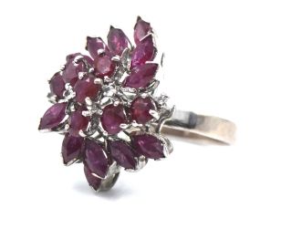 Vintage Ruby Diamond Cluster Cocktail Ring 18k White Gold Size 9 Signed 4cttw