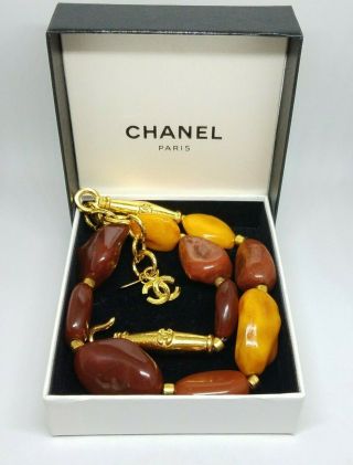 Authentic Rare Vintage Chanel Cc Logo Gold Natural Amber Necklace Choker