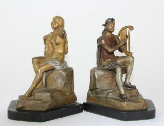 Pair Fine Antique Art Nouveau Era Cast Bronze Harpist Female Nude Bookends Sms