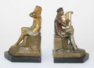 Pair Fine Antique Art Nouveau Era Cast Bronze Harpist Female Nude Bookends SMS 2