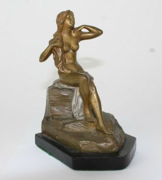 Pair Fine Antique Art Nouveau Era Cast Bronze Harpist Female Nude Bookends SMS 3