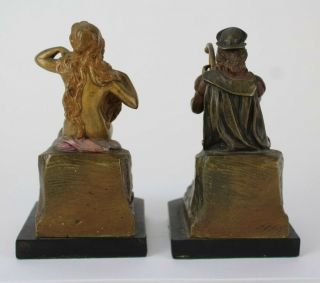 Pair Fine Antique Art Nouveau Era Cast Bronze Harpist Female Nude Bookends SMS 6