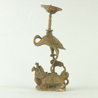 Chinese Hand Made Carved Turtle & Crane Brass Candlestick Statue Gl058