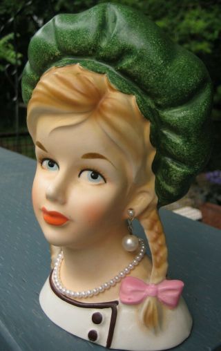 GORGEOUS VERY RARE VHTF TEEN HEAD VASE BY LEGO W.  GREEN BERET & BRAIDS HEADVASE 10